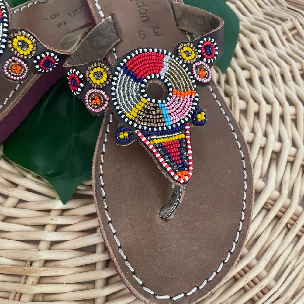 Laidback London Shibli SSR Leather Beaded Handmade Sandal Red Mix Size 39
